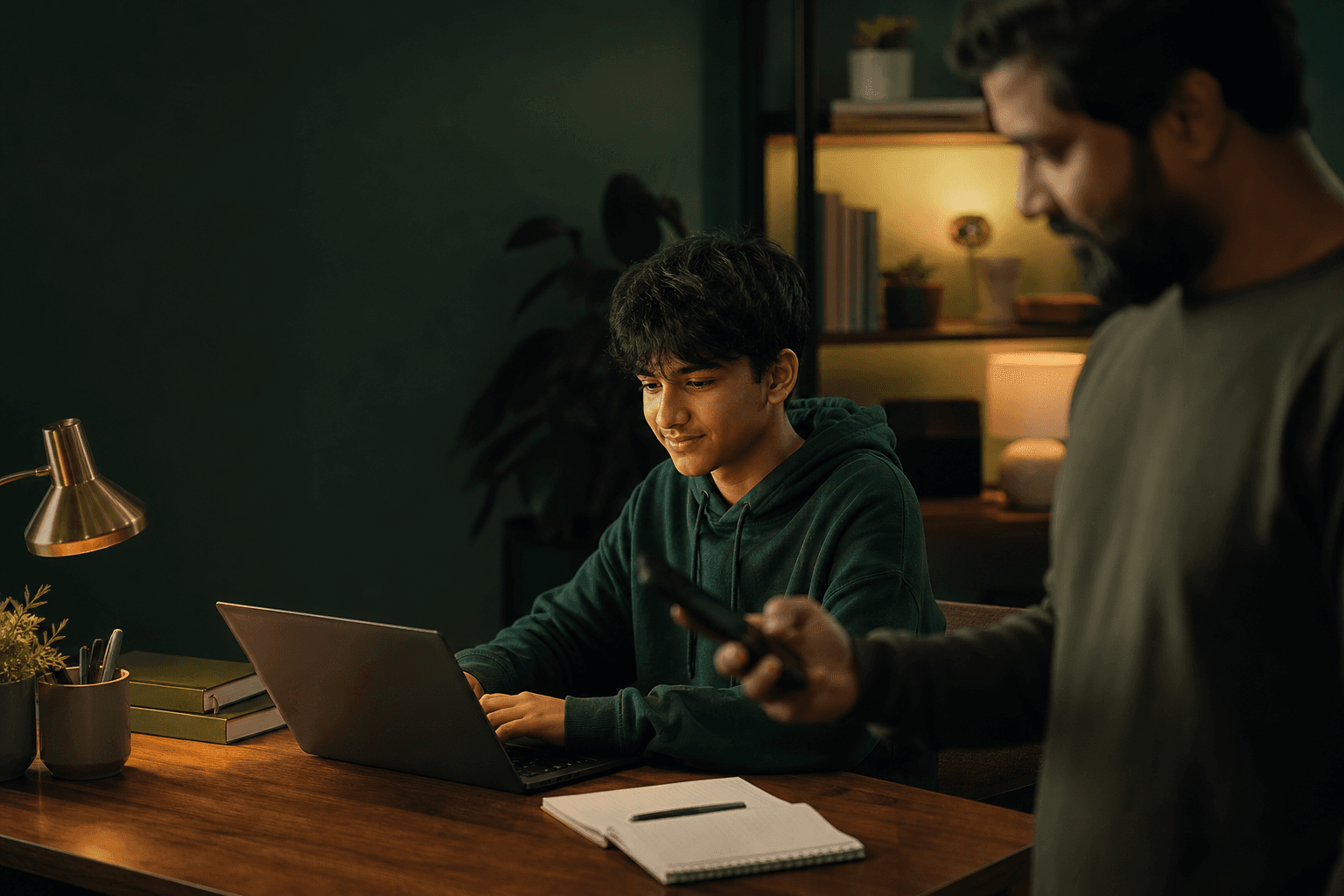 Teen learner working on a Chromebook while a parent reviews progress nearby