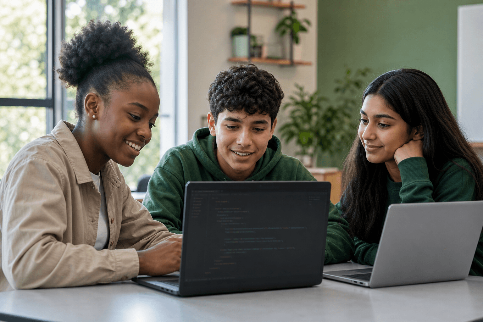 Teens collaborating on coding lessons together
