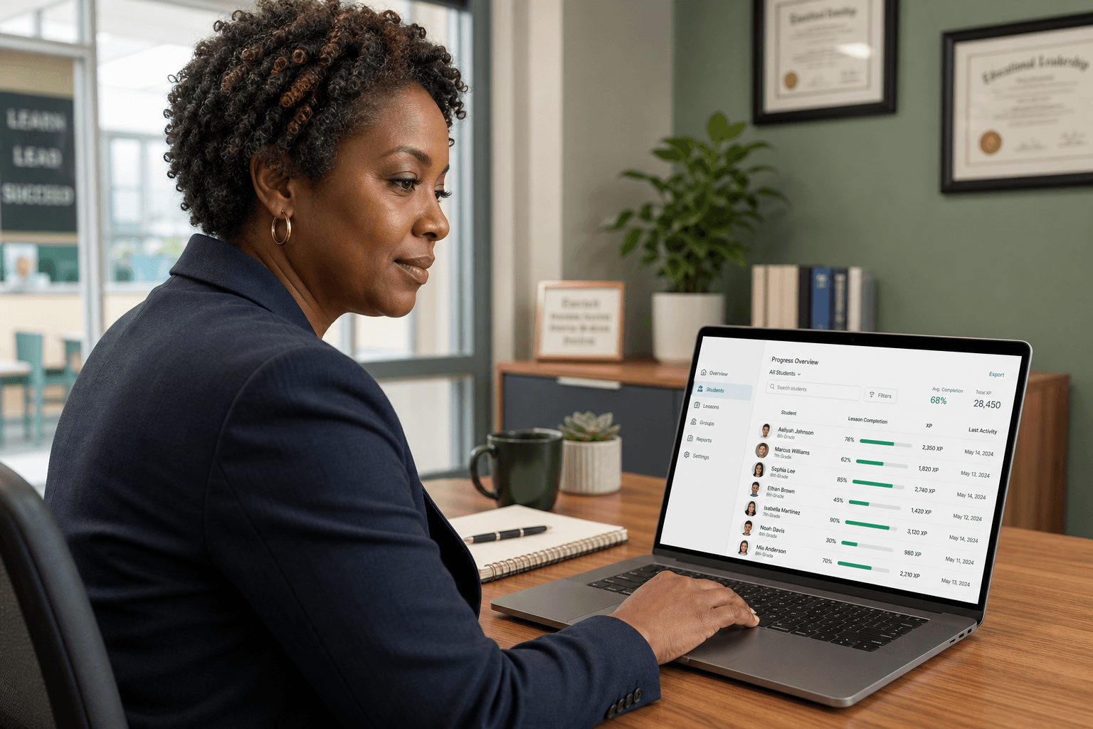 School administrator reviewing learner progress on a roster dashboard