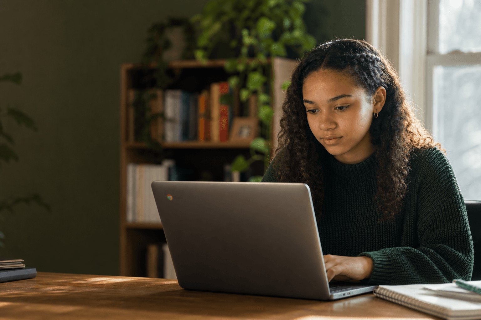 Teen learner working through a Kanam learning path on a Chromebook