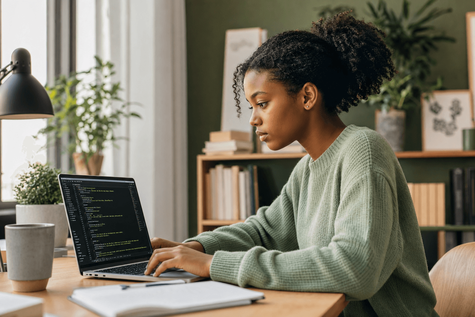 Teen learner practicing coding on a laptop